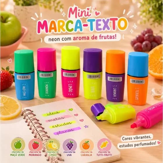 Mini Marca-Texto Neon com Cheiro Aroma de Frutas Papelaria