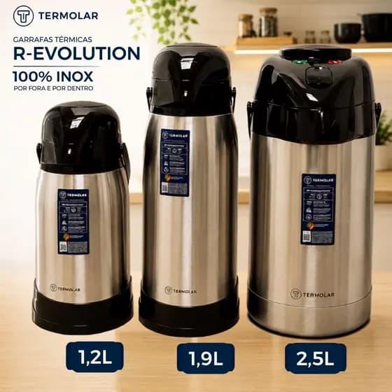 Garrafa Térmica Termolar R-Evolution 100% Inox 1,2L 1,9L 2,5L Quente e Frio Café Tereré Chimarrão