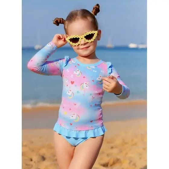 Conjunto manga longa Biquini Infantil Proteção Solar UV Blusa + Calcinha