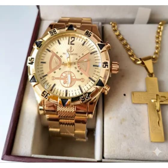 Conjunto Relógio Dourado Masculino Cordão Crucifixo Luxuoso Promoção