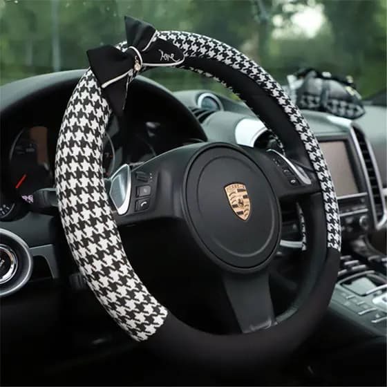 Capa para volante de carro, capa de algodão com padrão pied-de-poule e laço, acessório universal para interior de carro