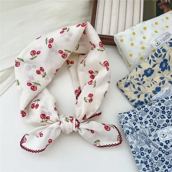 Lenço quadrado pequeno de algodão e linho com estampa floral, estilo coreano, para primavera e verão, para mulheres, len