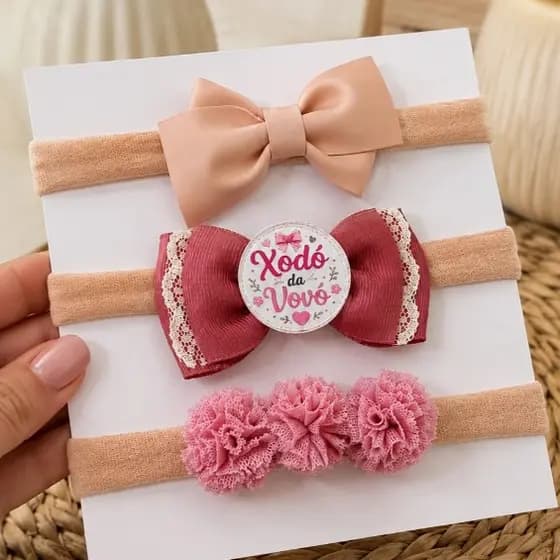Kit 3 Faixas de Cabelo Bebê Menina Laço Xodó da Vovó Recém-Nascida aos 2 Anos maternidade enxoval
