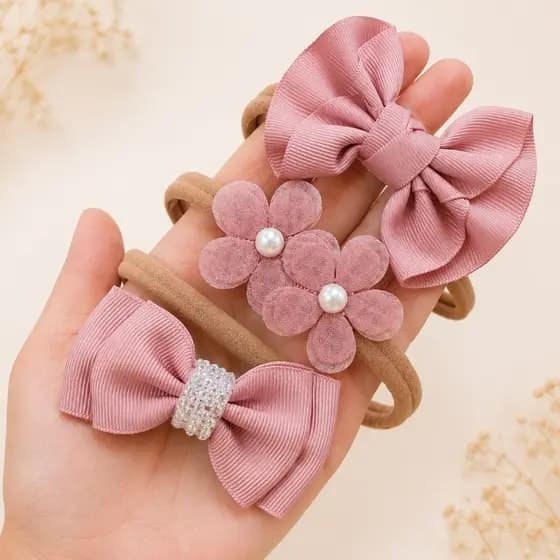 Kit 3 Faixas Bebê Menina Coleção Rosé Tiara de Meia RN ao 2 Anos Laço Flor Enxoval Maternidade