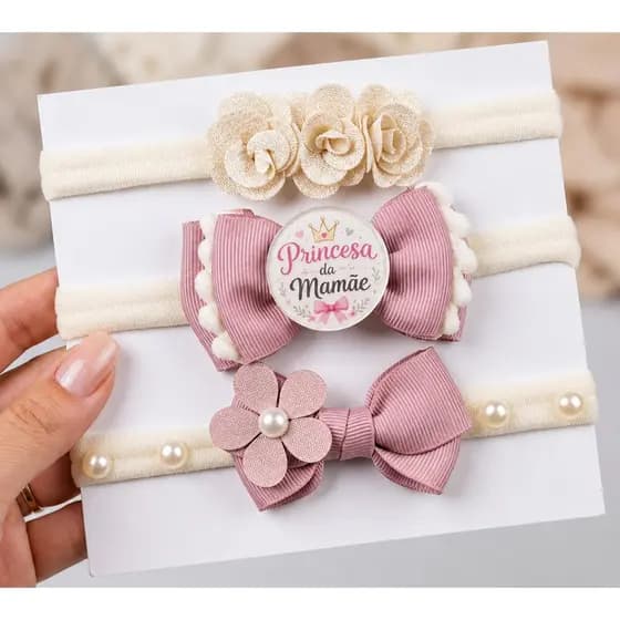 Kit 3 Faixas de Cabelo para Bebê Menina Rosa Aplique Princesa da Mamãe