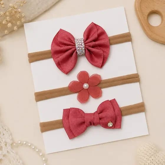Kit 3 Faixas Tiaras Bebê Menina Laços Enxoval Maternidade Terracota Rosé
