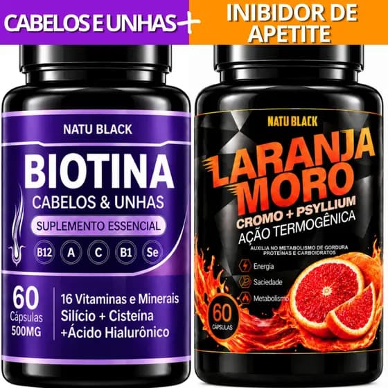 Kit Biotina Pura Cabelos e Unhas + Laranja Moro Natural Picolinato De Cromo Psyllium Original Puro
