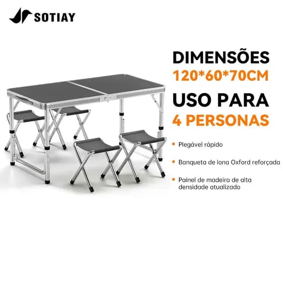 Sotiay 120x60x70CM Mesa Dobrável Com 4 Cadeiras de Alumínio Portátil Vira Maleta Camping Praia