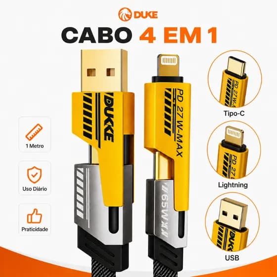 Cabo Carregador USB Tipo-C LIght 4 em 1 Turbo 65W USB Tipo-C Lightning DUKE Premium 1m