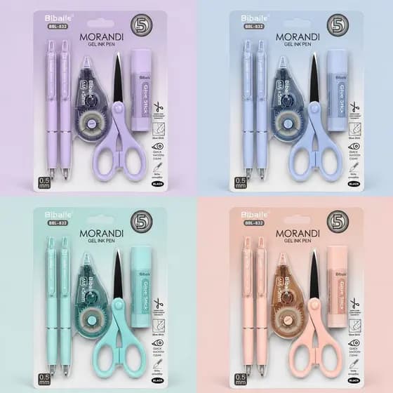 Kit Material Escolar Morandi 2 Canetas Gel + Tesoura + Cola + Corretivo 6m