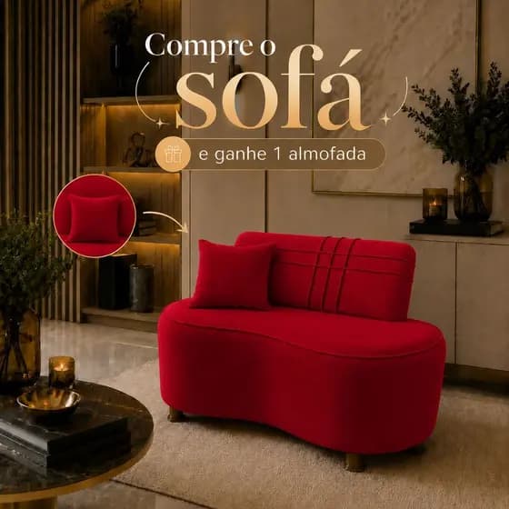 Sofá Orgânico Hoseok 100cm Compacto Curvo Luxory Sala Confort Puff Decorativo Premium Suede Vermelho