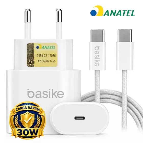 BASIKE Carregador rápido 30W PD Tipo-C Turbo Charge Sobrecarga USB-C Com cabo iPhone/Xiaomi/Samsung/Lenovo/Motorola