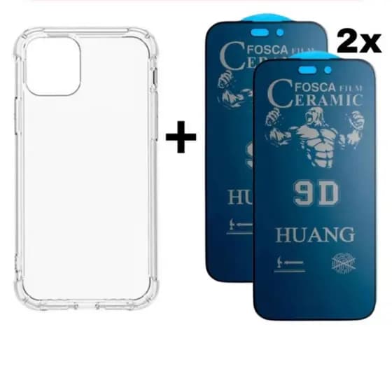 Kit 3em1 Capa TPU + 2X Película Cerâmica Fosca Privacidade iPhone X XS 11 12 13 14 15 16 Pro Max _AllMix