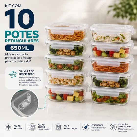 Kit 10 Potes Hermético Retangular De Vidro 650ml Com Trava e Valvula Organização Maxima Marmita