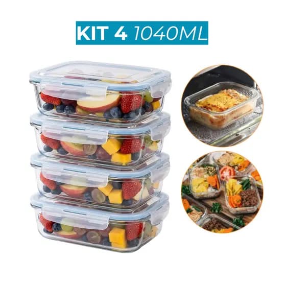 Kit 4 Potes 1040ml Vidro Hermético Mantimentos Marmita Tampa com 4 Travas