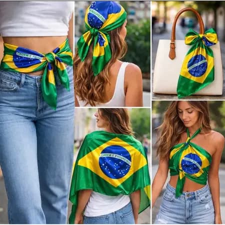 Lenço Bandana Cetim Feminino Multiuso Bandeira Brasil Moderno Estiloso Tendencia Copa do Mundo Verde