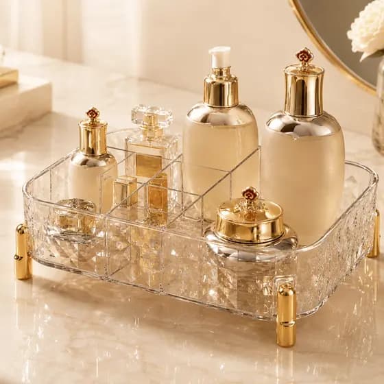 Organizador Acrílico Cosméticos Maquiagem Multiuso Caixa Transparente Porta Perfumes Luxo Dourado Divisórias Banheiro