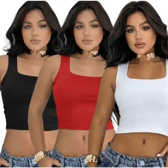 Kit 3 Blusa Cropped Feminino Regada Decote Quadrado Suplex Forro Dublo, Conforto e Estilo em Suplex