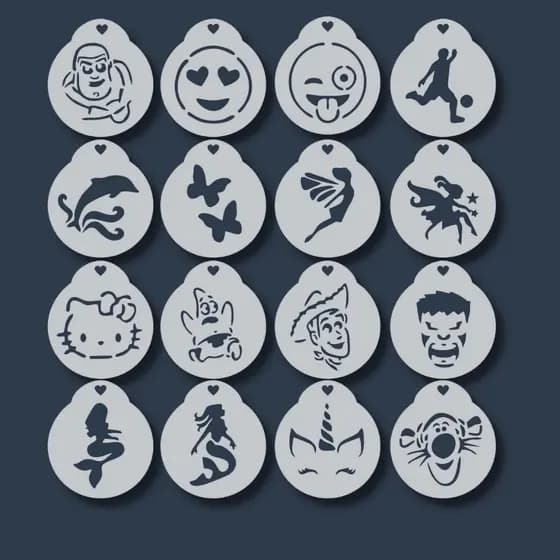 Kit 16 Stencil Moldes Personagens Infantis Educativo para Pintura Facial, Corporal Artesanato Tecido