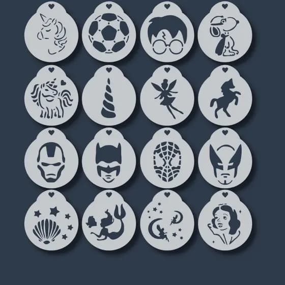 Kit 16 Stencil Personagens Infantis Moldes Educativos para Criança Tatuagem Infantil Pintura Facial