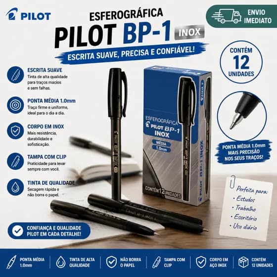 Caneta Esferográfica Pilot BP-1 Inox 1.0mm Original Caixa com 12 ou Unidade Escrita Macia Escolar Escritório Preta