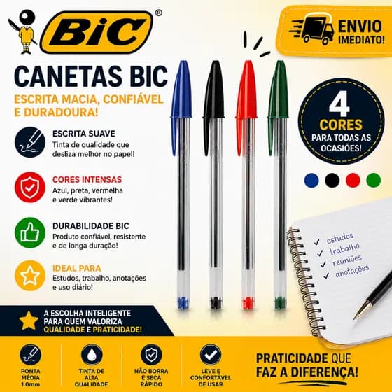 Kit Canetas BIC Cristal Original 4 ou 5 Unidades Cores Sortidas Escrita Macia Escolar Escritório