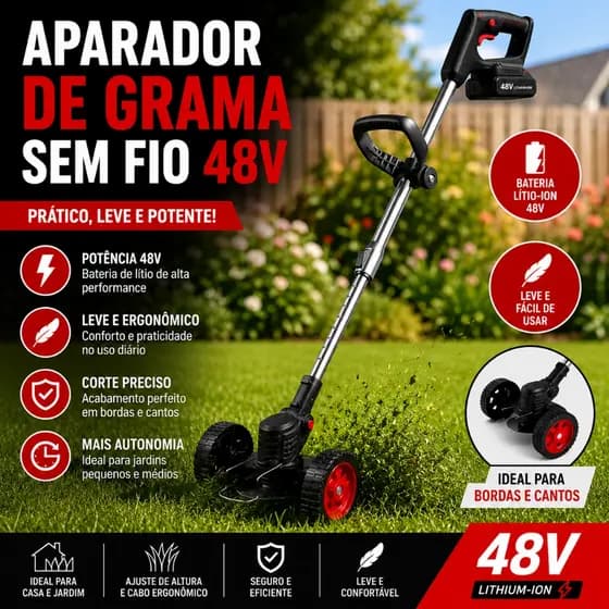 Roçadeira Elétrica Portátil 2 em 1 Sem Fio 48V Litio com 2 Baterias Aparador e Cortador de Grama com Cabeça Giratória