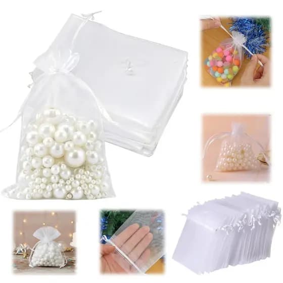 Kit 200 sacos de Organza brancos com corda de pérola, 3 tamanhos 7x9 10x15 20x30cm, bolsas de tule, adequadas para lembr