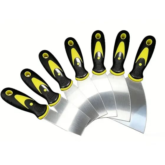 Conjunto 7 Espátulas Multiuso Aço Inox Cabo Amarelo Massa Corrida e Raspar Parede