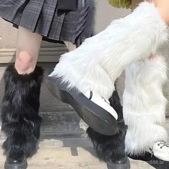 Aquecedores de pernas de pelúcia ADAMES, cobre-botas Lolita de pelo sintético espesso, meias JK quentes.