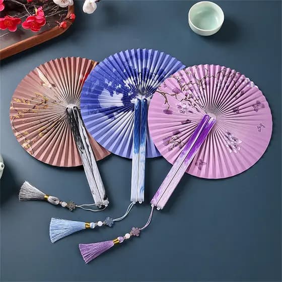 Leque Redondo Estilo Antigo Chinês , Dobrável De Papel , Impressão De Dança , Portátil , Decoração De Festa De Casamento
