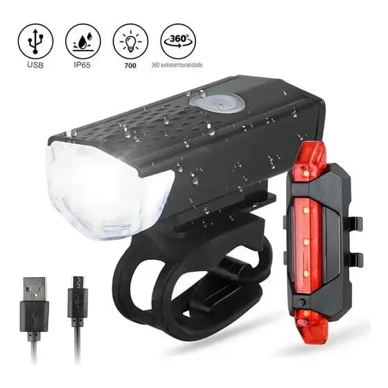 Kit Lanterna E Farol Bike Luz Ultra Led Prova D'agua Recarregavel Fluoreled