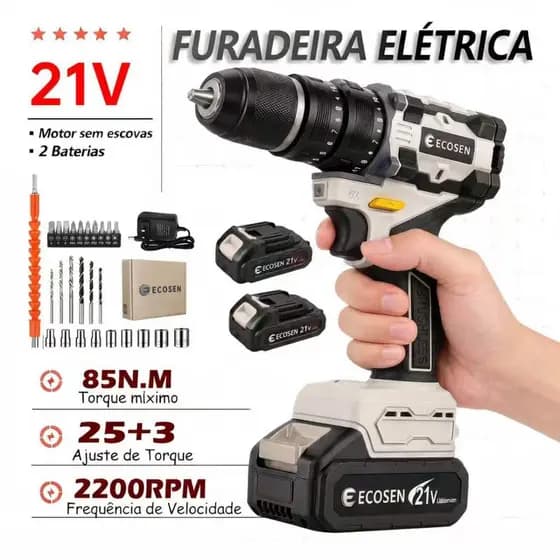 Parafusadeira Furadeira 21v Profissional 2 Baterias Sem Fio