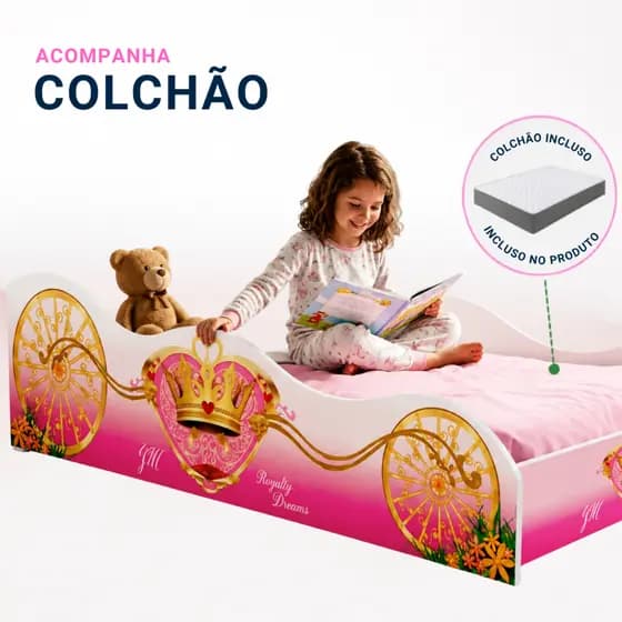Mini Cama Carro Princesa Carruagem Infantil Feminina Menina em MDF Adesivada com Personagens Divertidos Colchão Incluso