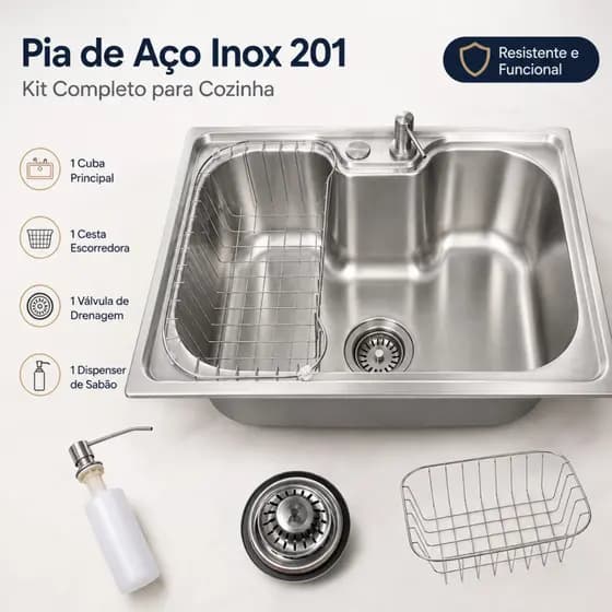 Pia Cozinha Inox 201 Resistente com Cesta Escorredora, Cuba Profunda, Válvula e Dispenser de Sabão para Cozinha Moderna