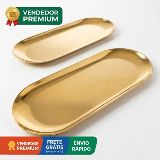Kit 2 Bandeja Dourada Oval Luxo Espelhada Acessório Aço Inox Cozinha Banheiro Lavabo Toalete