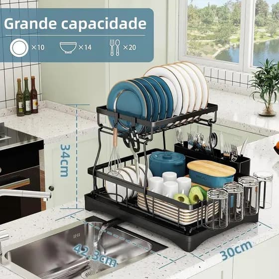 Escorredor de Louças 2 Andares Preto Moderno Organizador Completo para Copos Talheres Pratos Bandeja Removível