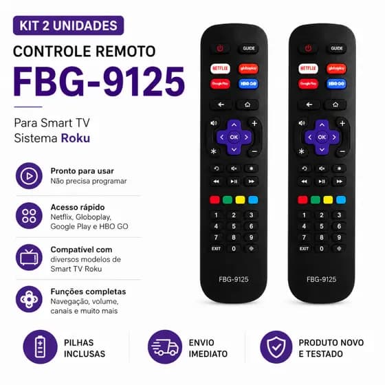 Kit 2 Controles Remoto FBG-9125 Compatível Com Smart TV Roku Pronto Para Uso Envio imediato