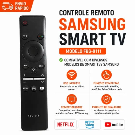 Controle Smart TV Samsung 4K FBG-9111 + 2 Pilhas inclusas – Netflix/Prime/GloboPlay