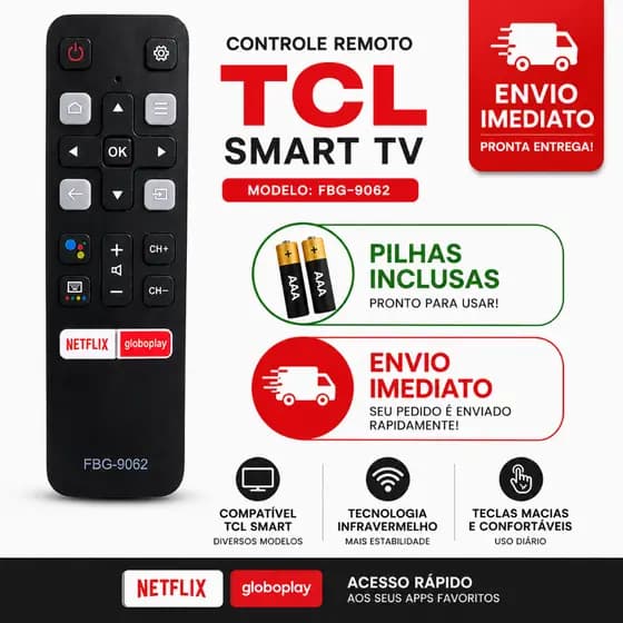 Controle Remoto Smart TV TCL Semp Android FBG-9062 Com Pilhas Inclusas Netflix Globoplay Não Precisa Configurar