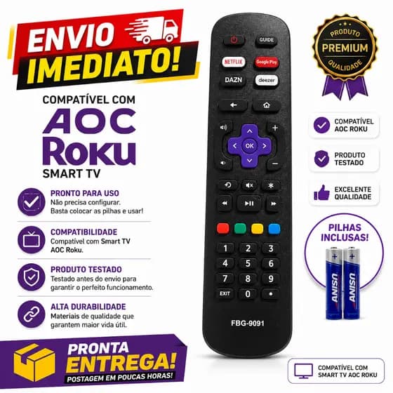Controle Remoto Para Smart TV AOC Roku FBG-9091 Alta Qualidade Com Botões Netflix E YouTube