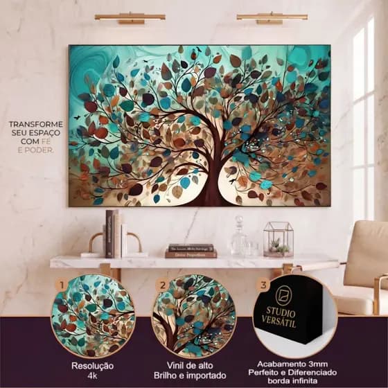 Quadro Decorativo Árvore Folhas Colorida Fundo Azul Sala Quarto Moderno Elegante