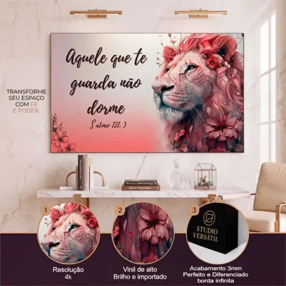 Quadro Decorativo Grande Leão Fundo Rosa Salmo da Bíblia Lindo Sala Quarto