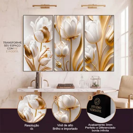Kit 3 Quadros decorativos flores tulipas brancas douradas mosaico sala quarto escritório hall