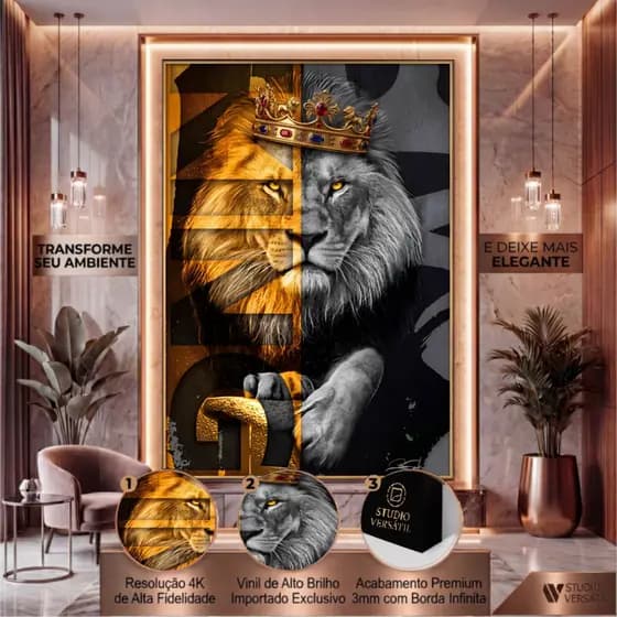 Quadro Decorativo Leão juda Rei coroa dourado e Cinza moderno Sala Quarto Luxo