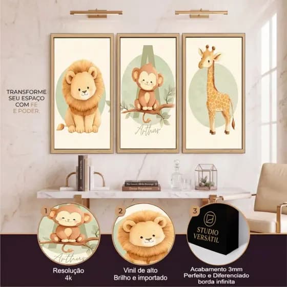 Kit 3 Quadros intanfil safari animais personalizado com nome para decorar quarto do seu bebê
