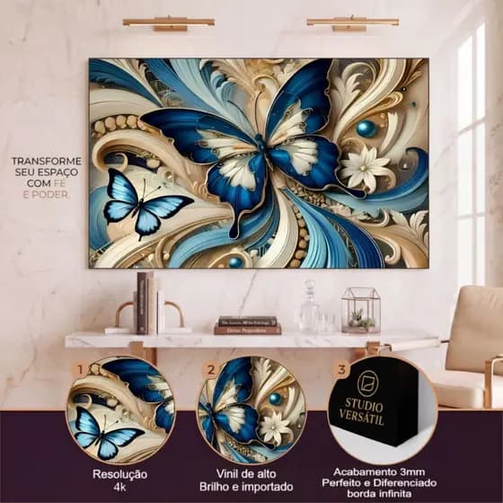 Quadro Decorativo Exclusivo Borboleta Azul Fundo De Marmore Grande Sala Hall