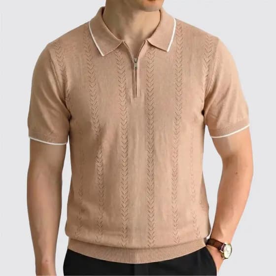 Camisa Polo de Tricô Masculina | Moda Legal Homem | Jacquard Vazado com Zíper Respirável Casual Executivo