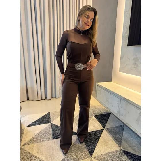 Macacão Jeans Feminino Pantalona Wide Leg Bárbara