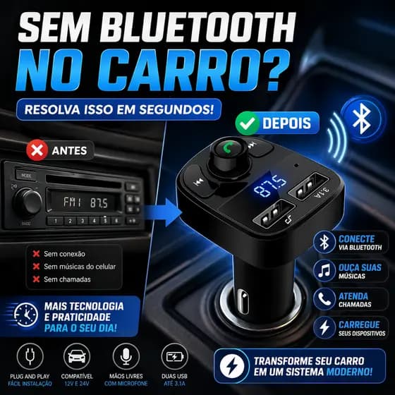 Transmissor FM Bluetooth Veicular X8 USB Carregador Rápido Mãos Livres Adaptador Som Carro